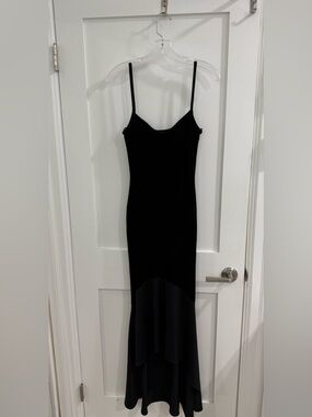 VTG B/A/S/I/C USA black velour high low spaghetti strap maxi dress (fair)